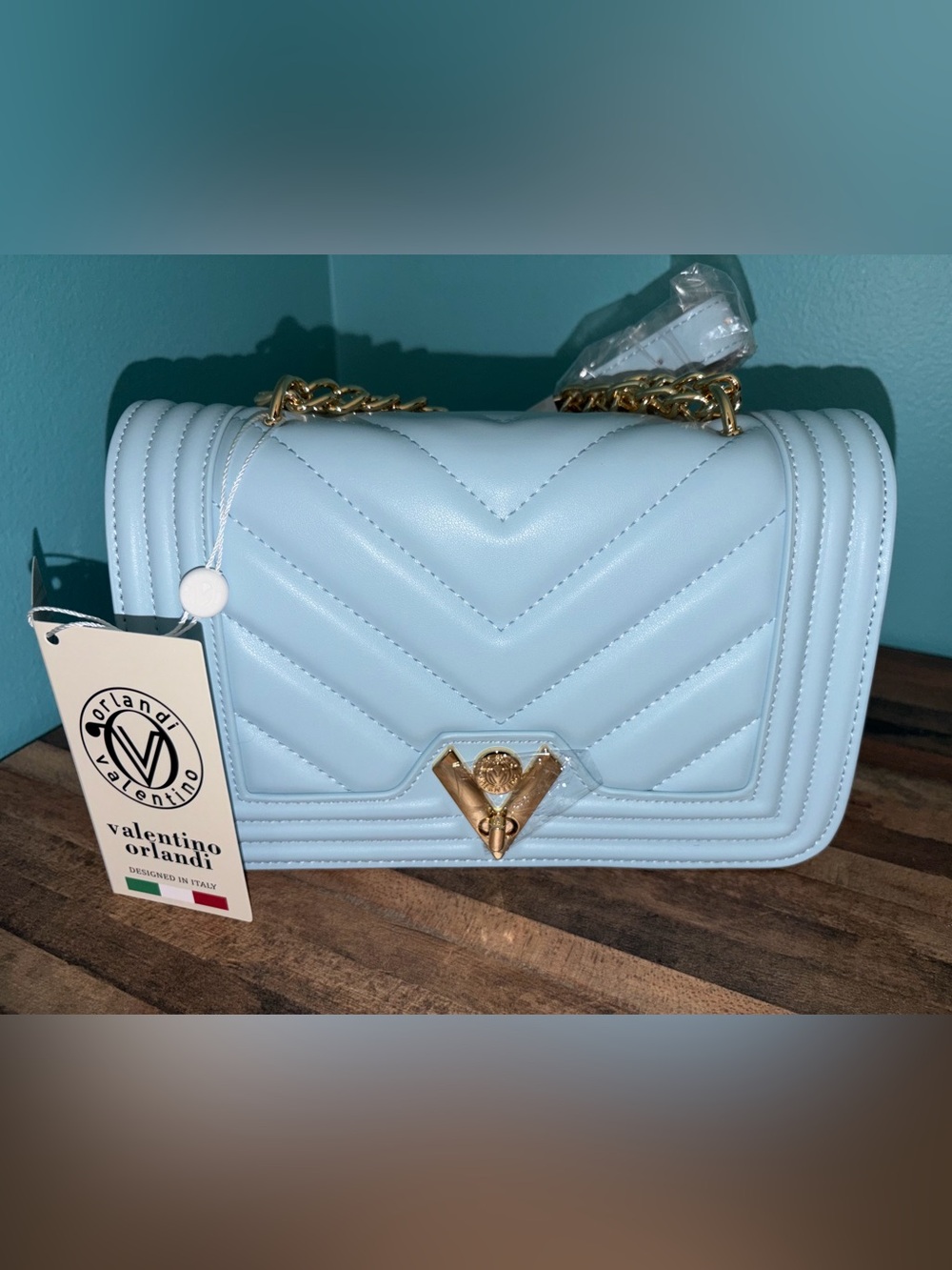 Valentino Orlandi Pale Blue Quilted Chevron Chain Shoulder Bag NWT